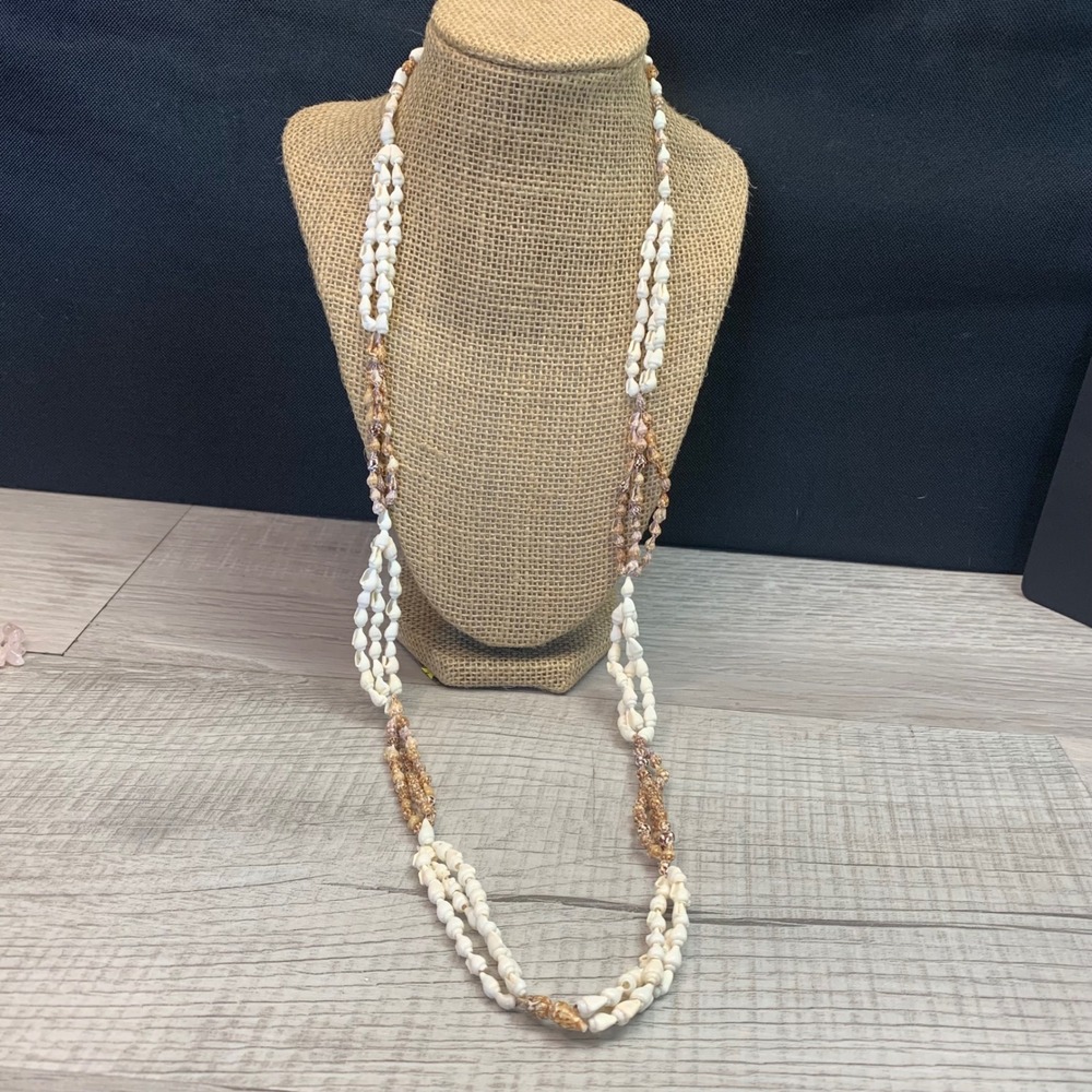 Vintage Multi Strand Sea Shell Necklace 32 Inch Coastal Boho White Brown Shells